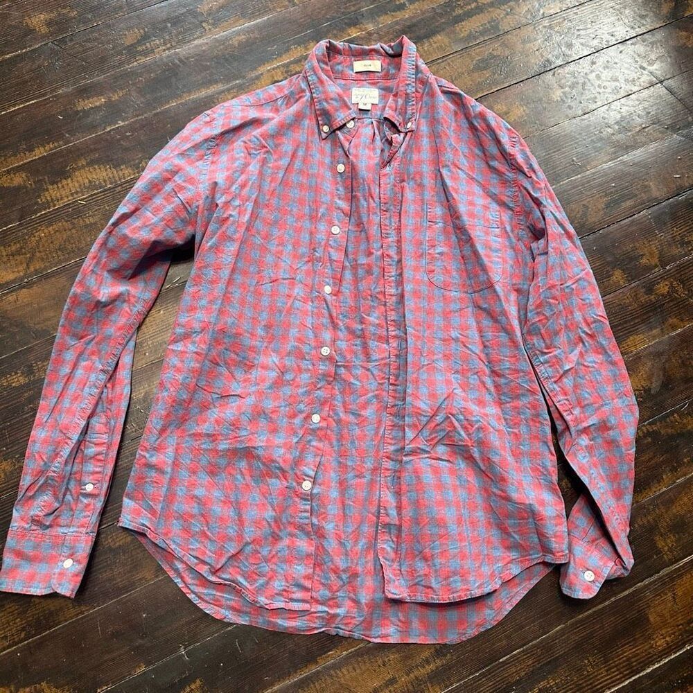 J Crew slim red & gray tartan plaid M button down shirt